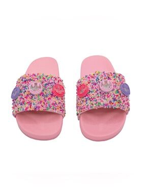 NEW Bari Lynn Sprinkle Charm Slides Smiley Sandals Girls Pink- Size 12/13 & 1/2